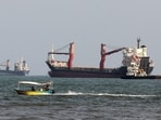 Vessels are seen in the Strait of Hormuz, off the port city of Bandar Abbas in southern Iran on August 10, 2026. 