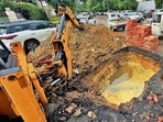 Meanwhile, the portion of the road that caved in at Kitchlu Nagar last week is still under repair. (HT)