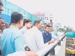 PMC chief Naval Kishore Ram (in blue) inspected Vishrantwadi flyover site (above) on Thursday and set December 2026 as deadline. He also visited proposed Shastrinagar flyover site and set March 2027 as deadline for completion. (HT)