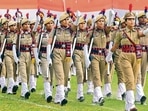 Police personnel during the full-dress rehearsal for the Independence Day celebrations at PAU on Thursday. (Gurpreet Singh/HT) Police personnel during the full-dress rehearsal for the Independence Day celebrations at PAU on Thursday. (Gurpreet Singh/HT)