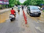 The road near the Zone-D MC office in a bad shape in Sarabha Nagar. (Gurpreet Singh/HT)