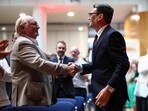 Andy Burnham, leader of the Labour Party, right, shakes hands with Neil Kinnock, former Labour Party leader, at a speech to party members in central London, UK, on Friday, July 17, 2026.