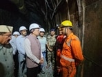 Uttarakhand Chief Minister Pushkar Singh Dhami inspects the rescue operation at the under-construction THDC tunnel in Mayapur, Chamoli, on Friday.