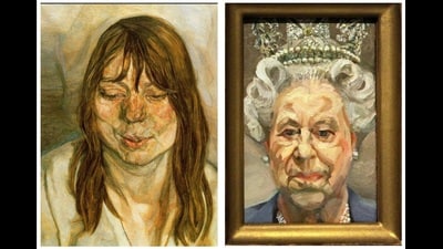 (Above left) Woman Smiling (1959), modelled on artist Suzy Boyt. (Above right) Freud’s portrait of Queen Elizabeth II (2001). (Wikimedia) (Above left) Woman Smiling (1959), modelled on artist Suzy Boyt. (Above right) Freud’s portrait of Queen Elizabeth II (2001). (Wikimedia)