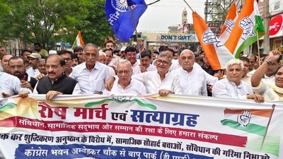 Addressing the gathering, Hooda said the incident was not merely an insult to Kharge but to “crores of Dalits, marginalised people and all those who believe in the Constitution”. (HT Photo)