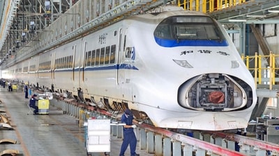 Workers maintain a high-speed train at Nantong High-Speed Train Depot in Nantong, China's eastern Jiangsu province on June 29, 2026. (AFP) Workers maintain a high-speed train at Nantong High-Speed Train Depot in Nantong, China's eastern Jiangsu province on June 29, 2026. (AFP)