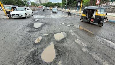 Pune, India - June 28, 2023: The roads which were tarred a week before, developed potholes in front of Anna Bhau Sathe auditorium at Padmavati in Pune, India, on Wednesday, June 28, 2023. (Photo by Pratham Gokhale/Hindustan Times) (Pratham Gokhale/HT Photo)