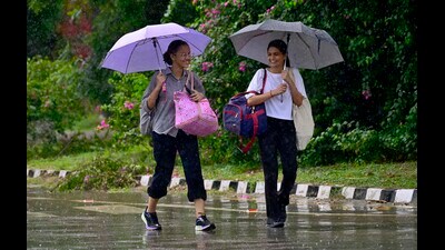Students walking under umbrellas amid rain at Punjab Agricultural University. (HT PHOTO)