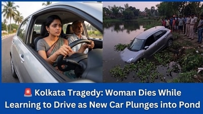 She might have pressed the accelerator instead of the brakes and the car plunged into the 10–12 feet deep pond. (AI generated image) She might have pressed the accelerator instead of the brakes and the car plunged into the 10–12 feet deep pond. (AI generated image)
