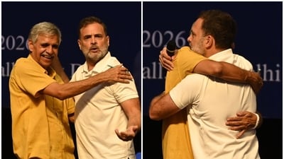 Rahul Gandhi was seen hugging Congress leader Sandeep Dikshit in an apparent dig at the government's foreign policy. (PTI) Rahul Gandhi was seen hugging Congress leader Sandeep Dikshit in an apparent dig at the government's foreign policy. (PTI)