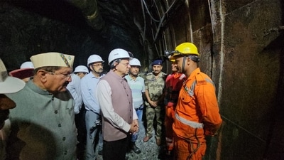 Uttarakhand Chief Minister Pushkar Singh Dhami inspects the rescue operation at the under-construction THDC tunnel in Mayapur, Chamoli, on Friday.