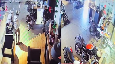 Man dances, drinks coffee, takes bath before riding away with KTM in Varanasi (Screengrab from CCTV) Man dances, drinks coffee, takes bath before riding away with KTM in Varanasi (Screengrab from CCTV)