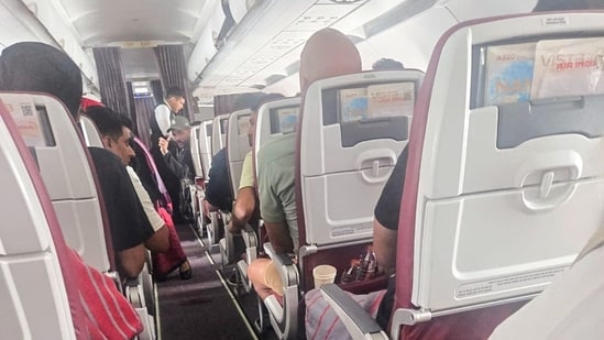 An inside view of the Air India flight from Phuket to Delhi after it hit turbulence, injuring a number of passengers, in New Delhi. (ANI)