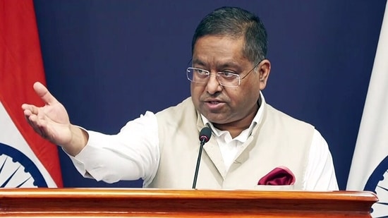 MEA Spokesperson Randhir Jaiswal addresses a press conference on the status of the Indus Water Treaty, in New Delhi on Friday.