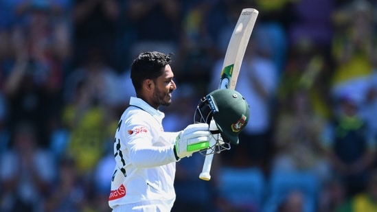Tanzid Hasan of Bangladesh celebrates his century against Australia. (AP)