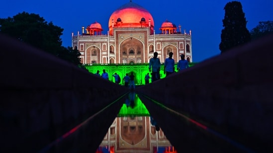 Gram it: As India celebrates its 80th Independence Day, the Tricolour-themed lighting is glowing up Delhi's landmark buildings in the true spirit of patriotism. Here's a scenic view of the Humayun's Tomb, on Mathura Road, as it gets illuminated in hues of saffron, white and green, (Photo: Sanchit Khanna/HT)