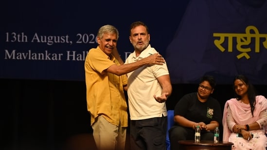 Leader of Opposition in the Lok Sabha Rahul Gandhi with Congress leader Sandeep Dikshit during the 'Rachnatmak Congress National Convention'.