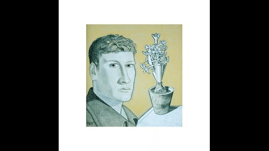 Self-Portrait with Hyacinth in Pot, painted in 1947-48.The sketch, unlike his paintings, is a flat two-dimensional view of the 25-year-old artist wearing a contemplative look. His coat and hair are remarkably well-detailed, as are the hyacinths growing out of a pot behind the artist. (Wikimedia)