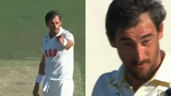 Mitchell Starc having a heated exchange with Mehidy Hasan. (Screengrab from X)