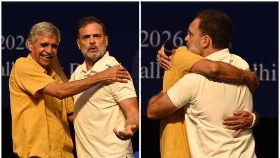 Rahul Gandhi was seen hugging Congress leader Sandeep Dikshit in an apparent dig at the government's foreign policy.