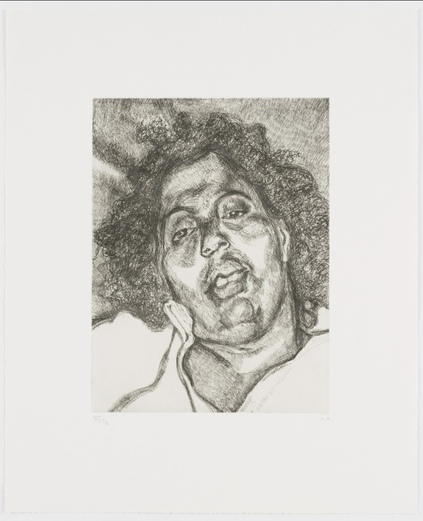Solicitor’s Head (2003), completed at age 80, eight years before his death, shows a woman lying on a pillow. She looks soul-tired. Her skin bunches up near her shirt collar, the folds around her neck meld into her chin, and her skin seems puffy. (Wikimedia)