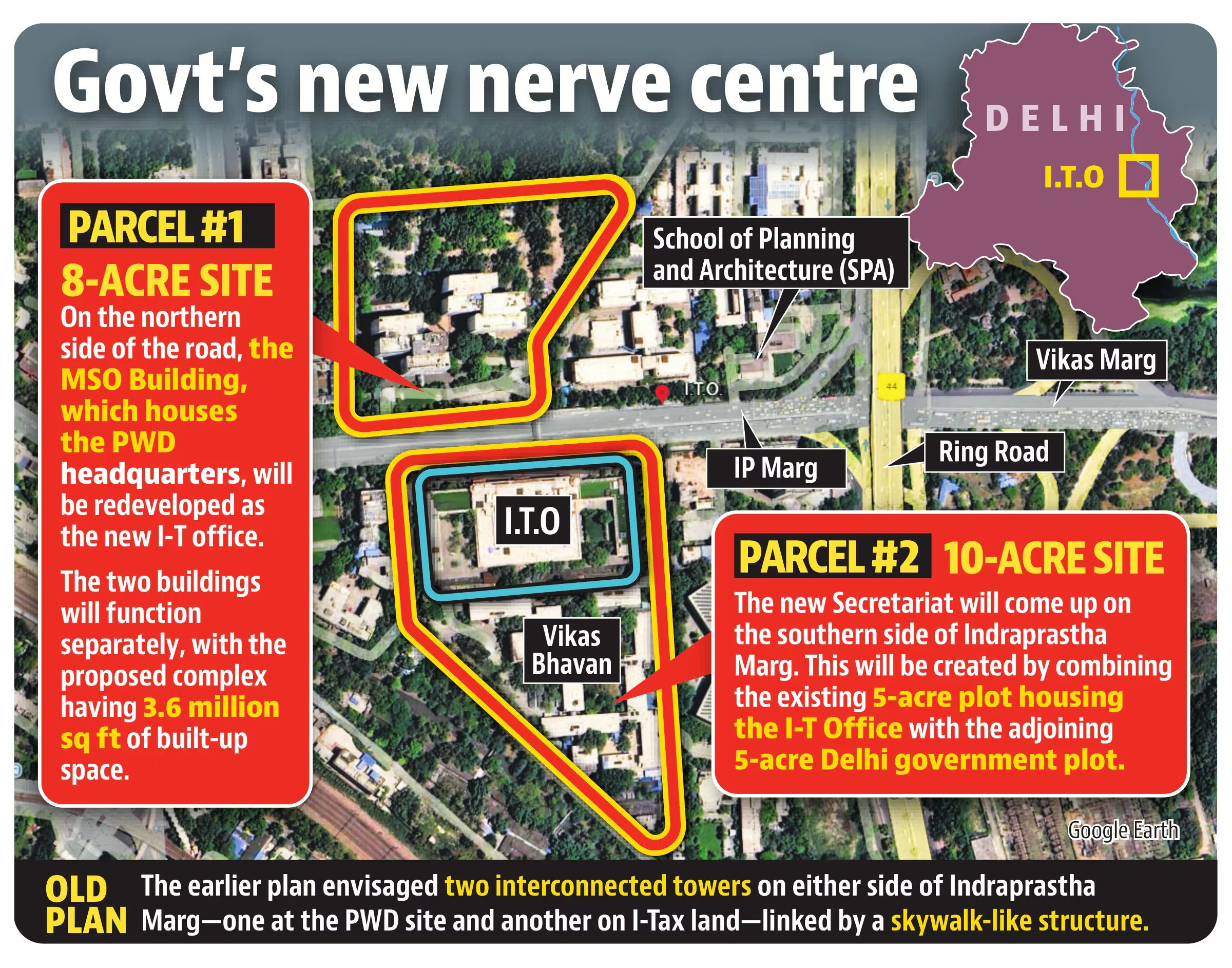 The Delhi government plans to develop two separate buildings at ITO, replacing its earlier proposal for skywalk-linked towers. (HT Infographics) The Delhi government plans to develop two separate buildings at ITO, replacing its earlier proposal for skywalk-linked towers. (HT Infographics)