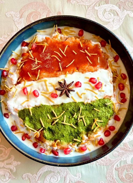 Layered saffron-carrot, curd, and mint-coriander patties finished as a chaat. (Picture credit: Chef Varun Parashar) Layered saffron-carrot, curd, and mint-coriander patties finished as a chaat. (Picture credit: Chef Varun Parashar)