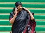 DMK MP Kanimozhi Karunanidhi at the Parliament premises during the ongoing Monsoon Session, in New Delhi on Monday.
