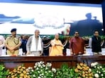 CM Yogi Adityanath, actor Nana Patekar, singer-composer Shankar Mahadevan and others at the launch of the UP Police song in Lucknow on Friday. (Deepak Gupta/HT)