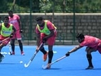 Harmanpreet Singh practising with teammates at the Sports Authority of India (SAI) centre in Bengaluru. 