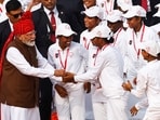 India's Prime Minister Narendra Modi greets children during the Independence Day celebrations at the historic Red Fort in Delhi, India, August 15, 2026. 