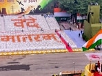 An Army band played the tune of 'Vande Mataram' while the guests present at Red Fort sung the national song. (In picture: PM Modi, bottom right, addresses the nation during the 8oth Independence Day celebrations, at Red Fort in New Delhi)