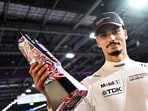 Pole position qualifier Pascal Wehrlein of Germany and Porsche Formula E Team celebrates with his trophy during qualifying, ahead of the London E-Prix, Round 16 of the 2026 FIA Formula E World Championship at ExCel London. (LAT Images)