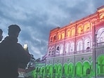 Pune, India - Aug. 10, 2022: Aga Khan Palace seen lit with tri colour ahead of 75th Independence day as they celeberate Azad ki Amrut Mahotsav in Pune, India, on Wednesday, August 10, 2022. (Photo by Shankar Narayan/HT PHOTO)