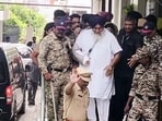SAD Chief Sukhbir Singh Badal discharged from the private hospital where he was admitted following the attack by 62- year-old Jaspal Singh inside a gurdwara at Namded, in Mumbai on Friday. (HT Photo)