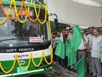 Sukhu also flagged off 35 electric buses at Hamirpur to be deployed in various depots of the district as a part of green initiative of the state government. (HT Photo)