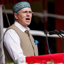 Jammu and Kashmir chief minister Omar Abdullah speaks during the 80th Independence Day celebrations, at Bakshi Stadium, in Srinagar.