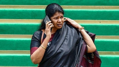 DMK MP Kanimozhi Karunanidhi at the Parliament premises during the ongoing Monsoon Session, in New Delhi on Monday. (ANI)