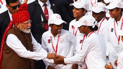 India's Prime Minister Narendra Modi greets children during the Independence Day celebrations at the historic Red Fort in Delhi, India, August 15, 2026. (REUTERS)