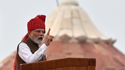 Prime Minister Narendra Modi addresses the nation from the Red Fort during the Independence Day celebrations in New Delhi. (AP Photo)