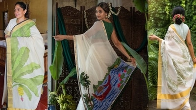 Artists add a creative touch to the traditional Kasavu saree.