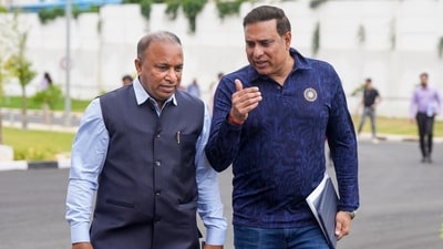 BCCI Secretary Devajit Saikia, left, with BCCI CoE head VVS Laxman during a guided tour of the BCCI Centre of Excellence, in Bengaluru (PTI) BCCI Secretary Devajit Saikia, left, with BCCI CoE head VVS Laxman during a guided tour of the BCCI Centre of Excellence, in Bengaluru (PTI)
