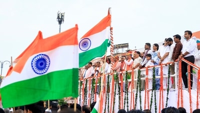 Rajasthan BJP President Madan Rathore and others during the 80th Independence Day celebrations, at Badi Chaupar, in Jaipur (PTI)