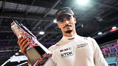 Pole position qualifier Pascal Wehrlein of Germany and Porsche Formula E Team celebrates with his trophy during qualifying, ahead of the London E-Prix, Round 16 of the 2026 FIA Formula E World Championship at ExCel London. (LAT Images)