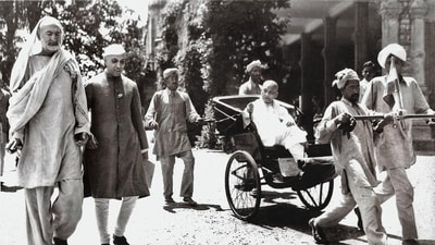 Jawaharlal Nehru with Abdul Gaffar Khan at Simla during the Cabinet Mission deliberatiions of 1946. Riding in the rickshaw is Sardar Patel (Kulwant Roy Collection copyright Adityaarya archive) Jawaharlal Nehru with Abdul Gaffar Khan at Simla during the Cabinet Mission deliberatiions of 1946. Riding in the rickshaw is Sardar Patel (Kulwant Roy Collection copyright Adityaarya archive)