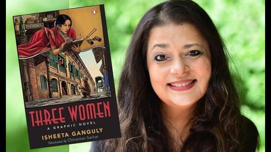 Author Isheeta Ganguly and cover of her new book, Three Women.