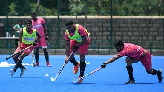 Harmanpreet Singh practising with teammates at the Sports Authority of India (SAI) centre in Bengaluru.