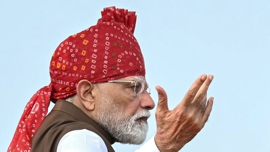 Prime Minister Narendra Modi addresses the nation from the ramparts of the Red Fort during the celebrations to mark the country's Independence Day in New Delhi.