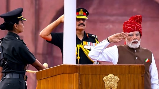 Prime Minister Narendra Modi during the 8oth Independence Day celebrations, at Red Fort in New Delhi.