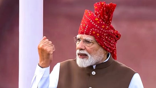 Prime Minister Narendra Modi addresses the nation during the 8oth Independence Day celebrations, at Red Fort, in New Delhi.